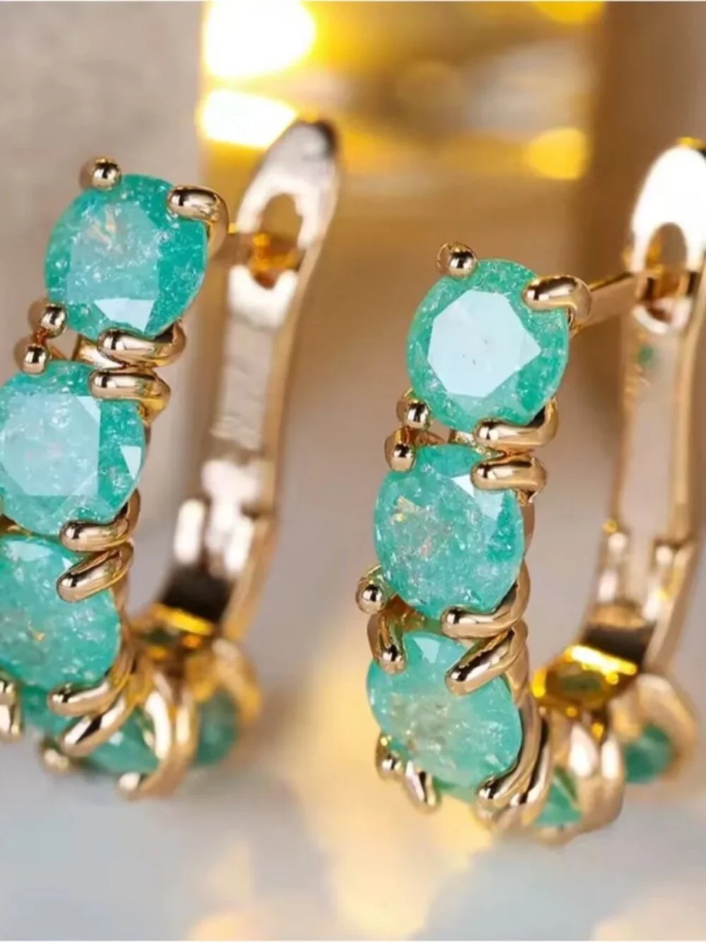 Gold tone Hoops with Emerald Green/ blue Gem Clusters